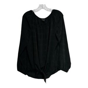 New Directions Black Textured Plaid Tie Front Long Sleeve Blouse Top XL